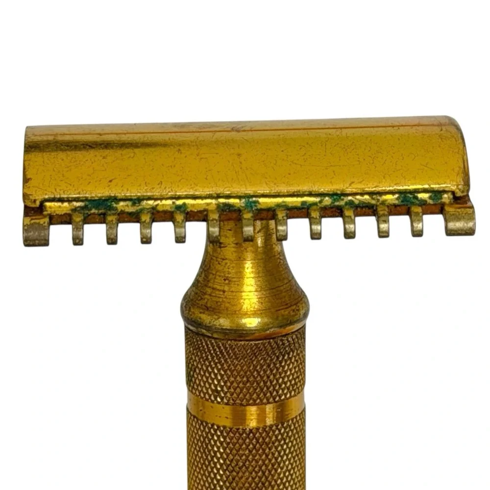 Vintage 1930s Gillette Safety Razor Gold Tone Fat Handle Comb 3-Piece USA